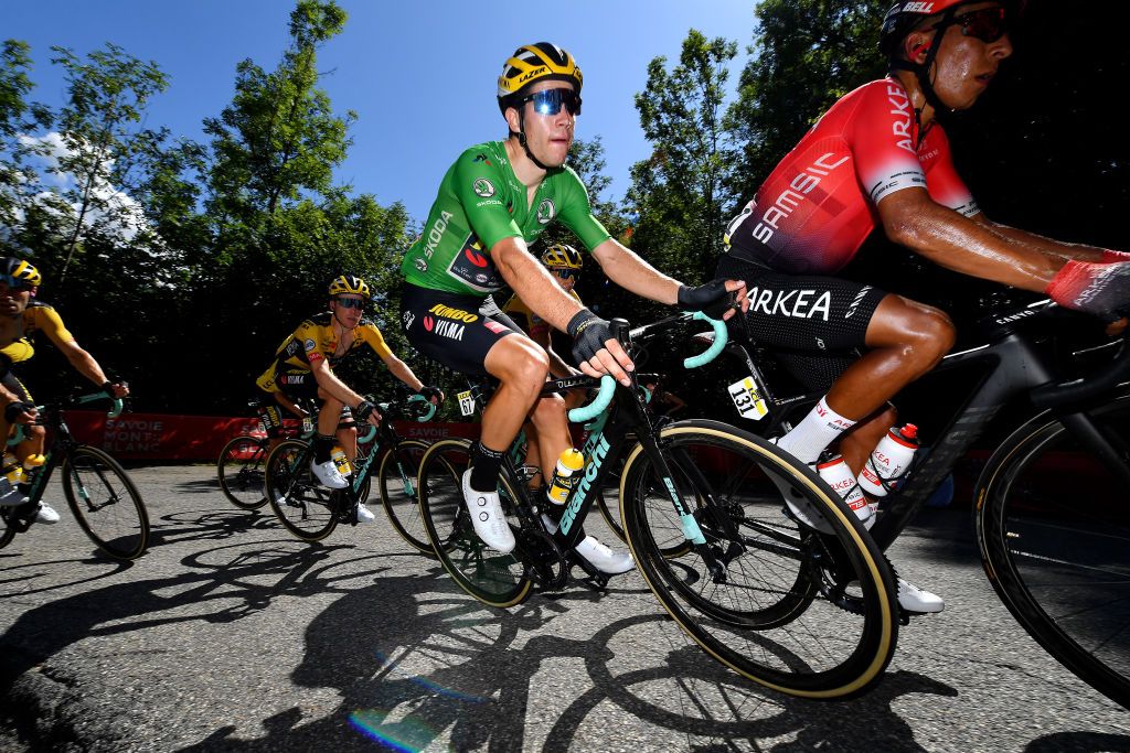 SAINT MARTIN DE BELLEVILLE FRANCE AUGUST 14 Wout Van Aert of Belgium and Team Jumbo Visma Greeen Points Jersey Nairo Alexander Quintana Rojas of Colombia and Team Arkea Samsic Steven Kruijswijk of The Netherlands and Team Jumbo Visma during the 72nd Criterium du Dauphine 2020 Stage 3 a 157km stage from Corenc to Saint Martin de Belleville 1419m dauphine Dauphin on August 14 2020 in Saint Martin de Belleville France Photo by Justin SetterfieldGetty Images