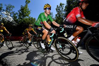 SAINT MARTIN DE BELLEVILLE FRANCE AUGUST 14 Wout Van Aert of Belgium and Team Jumbo Visma Greeen Points Jersey Nairo Alexander Quintana Rojas of Colombia and Team Arkea Samsic Steven Kruijswijk of The Netherlands and Team Jumbo Visma during the 72nd Criterium du Dauphine 2020 Stage 3 a 157km stage from Corenc to Saint Martin de Belleville 1419m dauphine Dauphin on August 14 2020 in Saint Martin de Belleville France Photo by Justin SetterfieldGetty Images