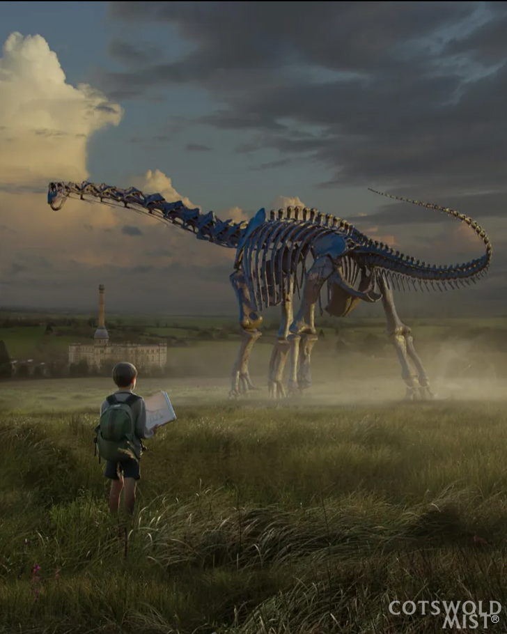 Cotswold Mist; a skeleton of a dinosaur and a boy stand in a field