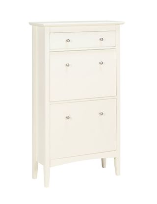 Hastings Living Shoe Rack in white with two large fold out drawers and one smaller drawer on top