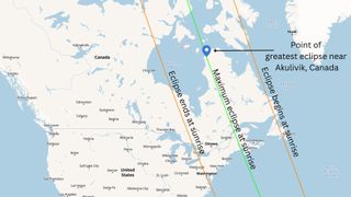 map showing where the partial solar eclipse will be visible across north america.