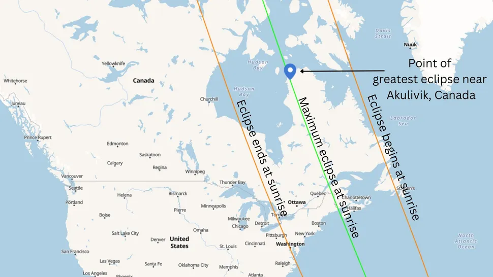 Map of the partial solar eclipse path in Northeastern North America