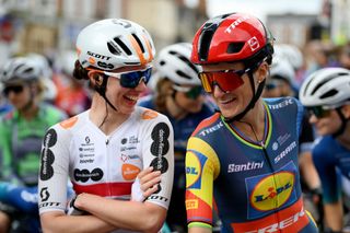 SAFFRON WALDEN ENGLAND MAY 24 LR Pfeiffer Georgi of The United Kingdom and Team DsmFirmenich PostNl and Lizzie Deignan of The United Kingdom and Team LidlTrek prior to the 10th Ford RideLondon Classique 2024 Stage 1 a 1592km stage from Saffron Walden to Colchester UCIWWT on May 24 2024 in Saffron Walden England Photo by Alex BroadwayGetty Images