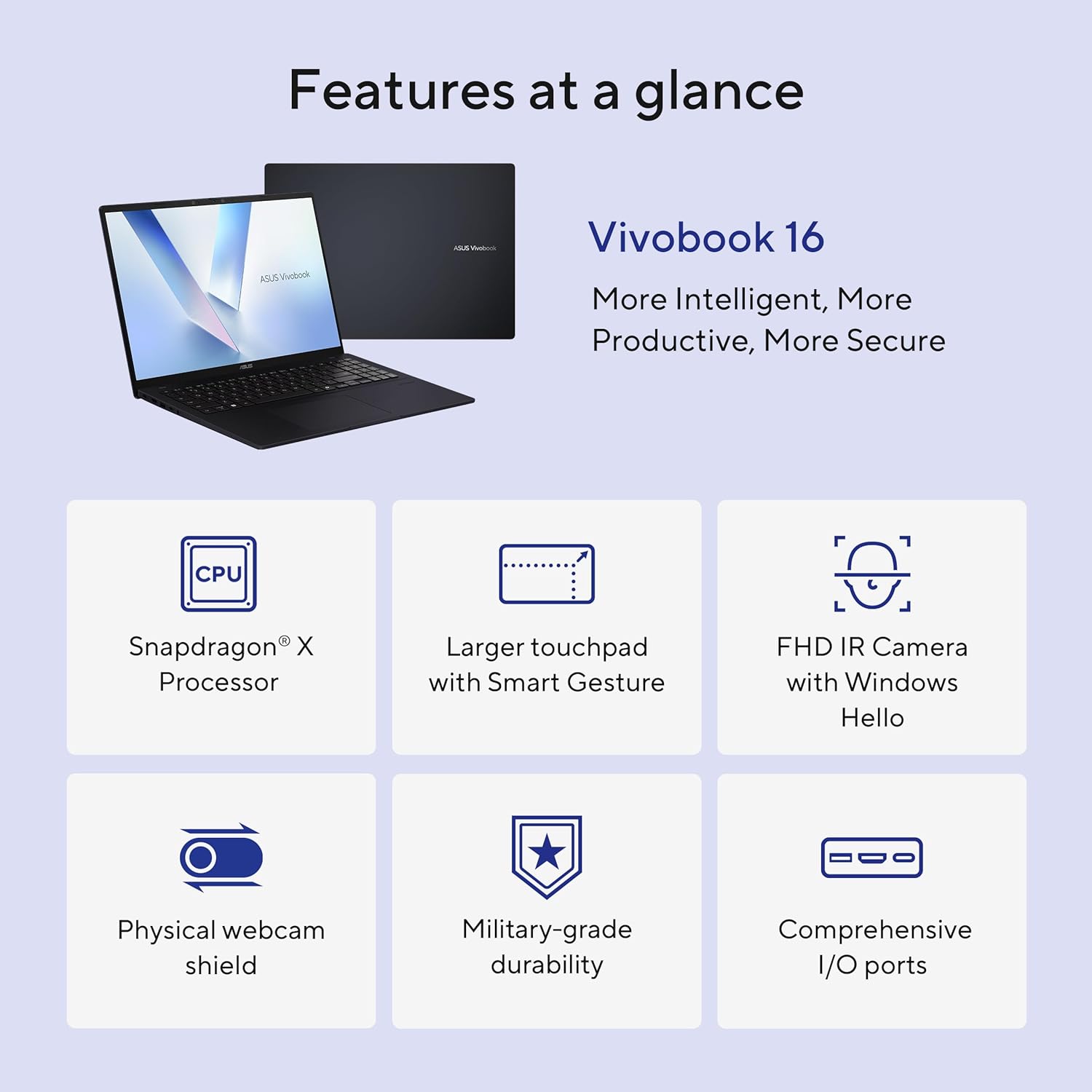 Specification images for the ASUS Vivobook 16 Laptop (Quiet Blue)