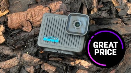 GoPro Hero (2024) laid on wood chippings with a great price sticker