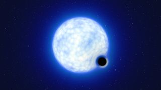 a spotted blue star shines bright, emanating its light across space as a small black sphere in its lower right corner intrudes on its reality.