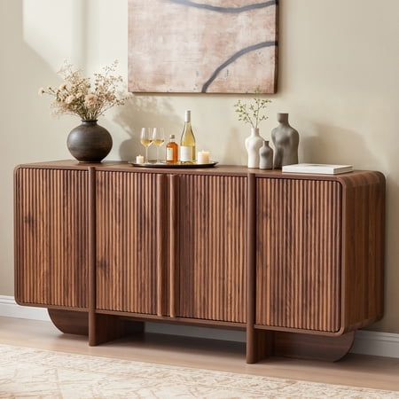 Wirrytor 63" Modern Fluted Sideboard Cabinet With Curved Edges, 4-Door Walnut Buffet Accent Cabinet With Sculptural Base for Living Room