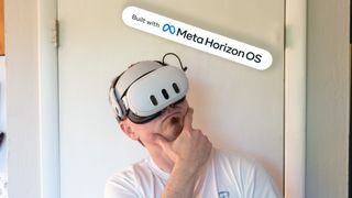 Wearing a Meta Quest 3 making an unsure face at the Meta Horizon OS logo