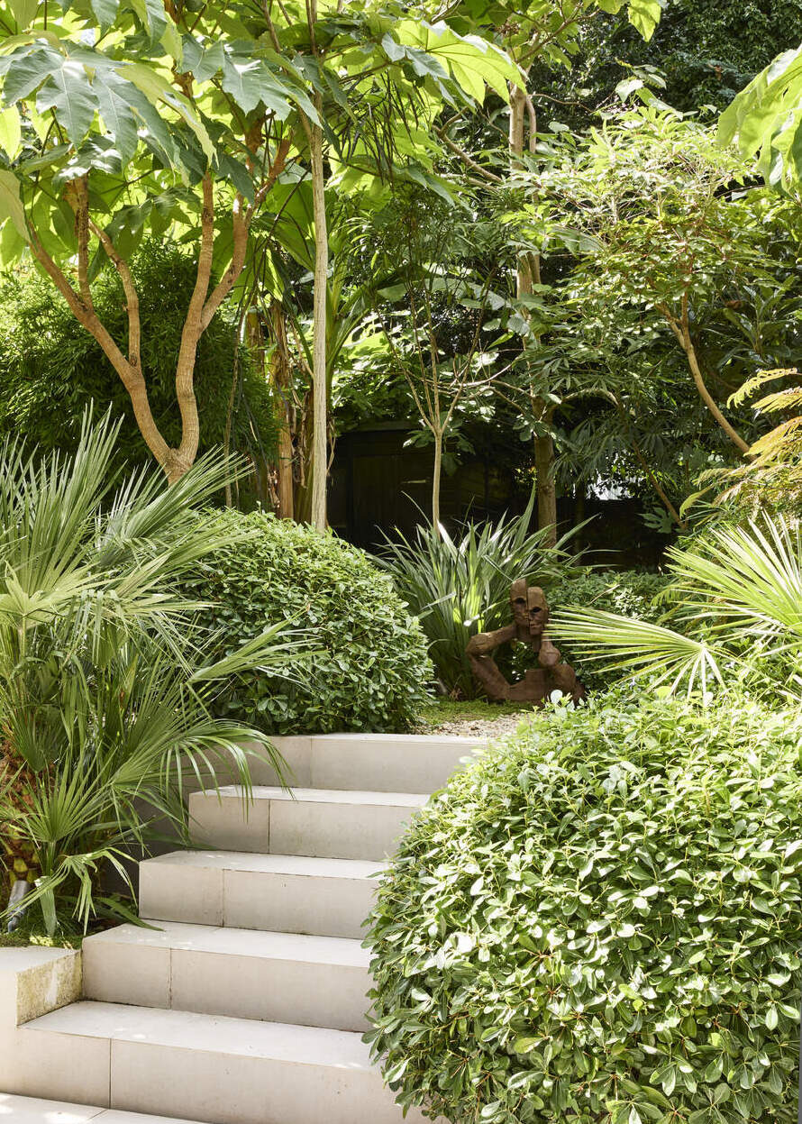 an outdoor space with steps up to a raised level with foliage all around