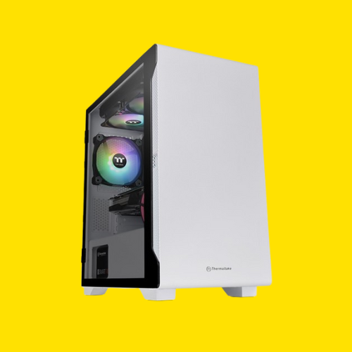 Thermaltake S100 TG Snow edition on a yellow background