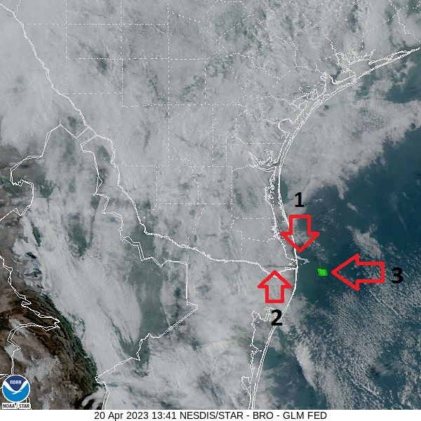 The condensation trail left behind by SpaceX's Starship during its debut launch attempt, its shadow and the moment of the rocket's failure captured by the weather satellite GOES-16