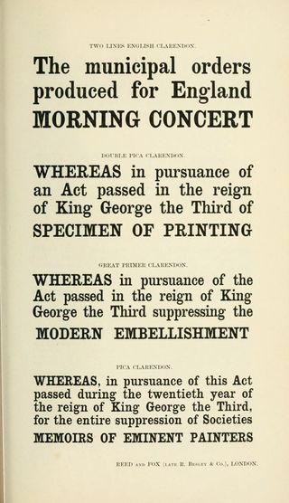 Selections from the specimen book of the Fann Street Foundry, showing Clarendon. The specimen book was published in 1874 by Reed and Fox. Images courtesy of www.openlibrary.org