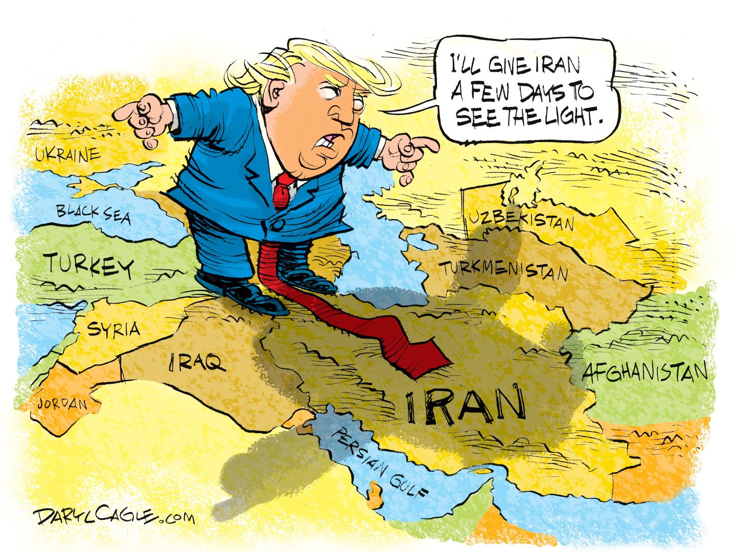 Donald Trump stands on a map of the Middle East and casts a shadow onto Iran. He says, &amp;ldquo;I&amp;rsquo;ll give Iran a few days to see the light.&amp;rdquo;