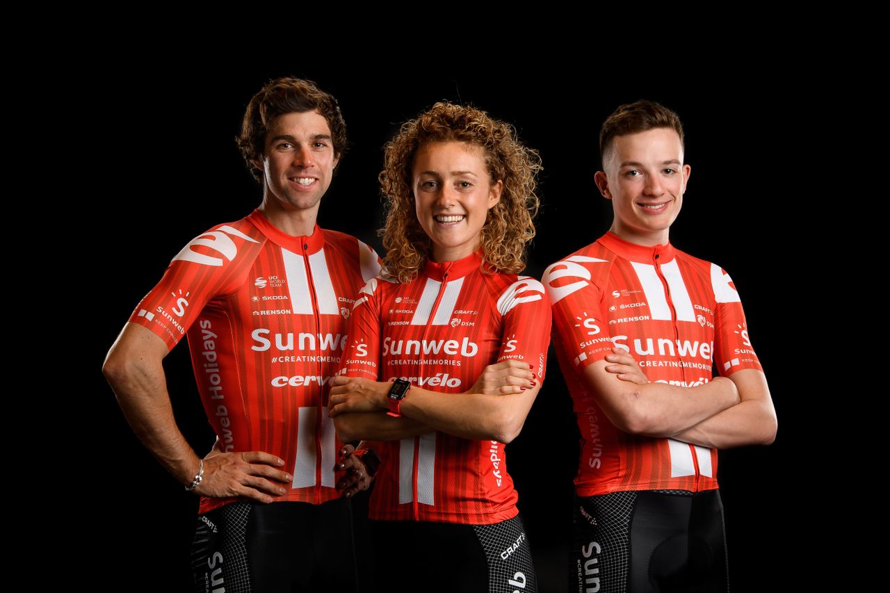 Michael Matthews, Floortje Mackaij, and Leo Hayter model the new kit