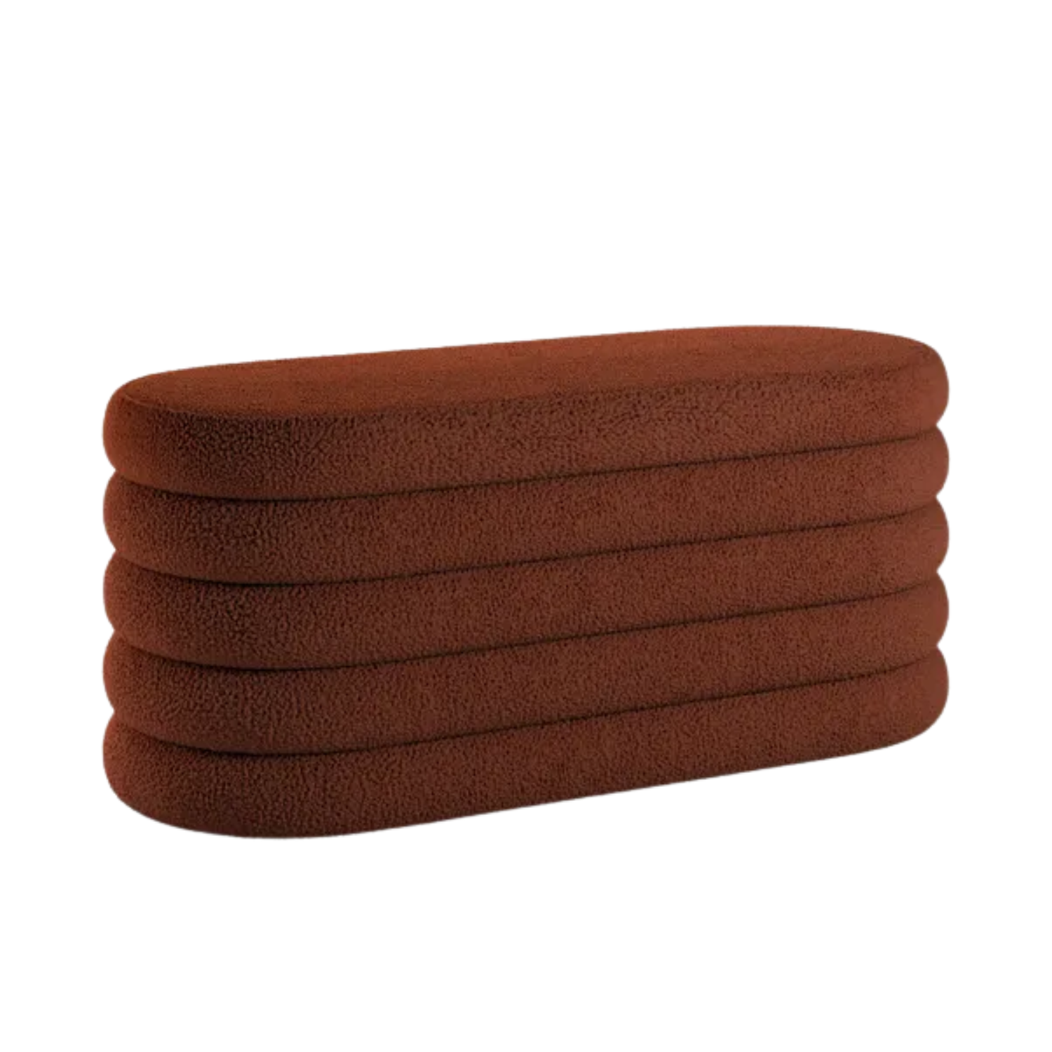 A terracotta-colored curved sherpa storage ottoman from Dunelm
