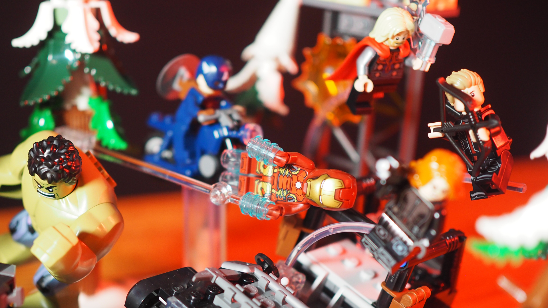 The Lego Avengers figures set up in action poses