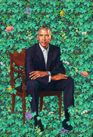 Painting of Barack Obama sitting on a chair surrounded by foliage