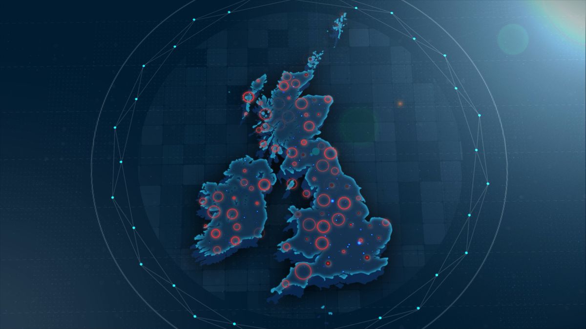 Graphic showing a digitised UK with red circles around major cities