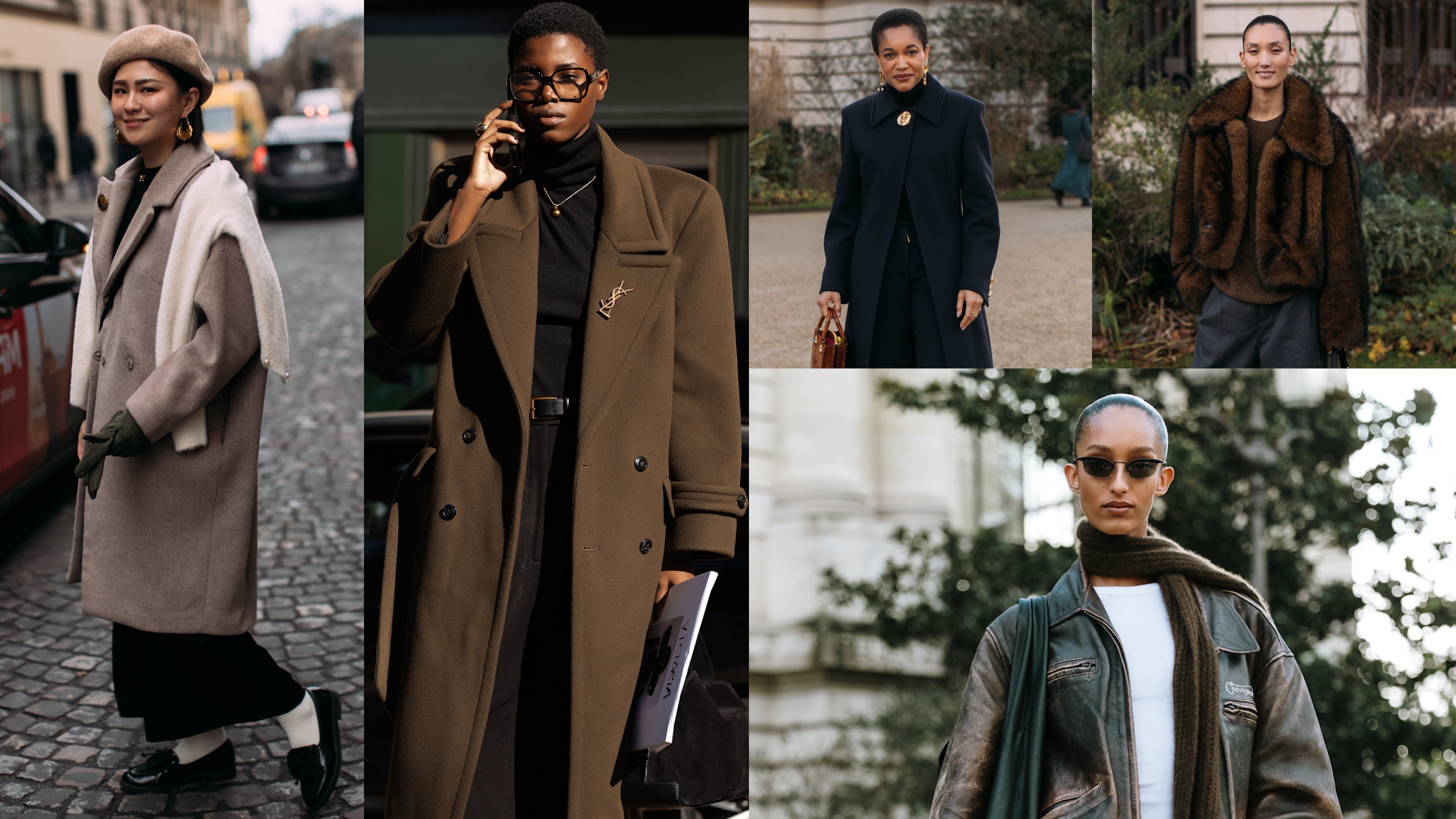 woman wearing coat and pants; woman wearing coat and turtleneck; woman wearing coat and pants; woman wearing leather jacket and white tee; woman wearing fur coat 