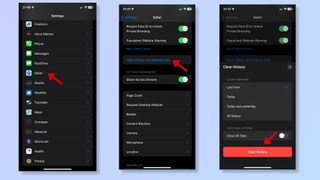 The first screenshot shows the Settings app on iPhone, with a red arrow pointing at Safari. The second screenshot shows the Safari menu in Settings, with a red arrow pointing at Clear History and Website Data. The third screenshot shows a red arrow pointing at the Clear History button. 