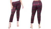 a side-by-side of a woman wearing the Plaid Ponte Leggings, one of w&h's best plus-size leggings picks, at two different angles