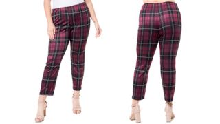 a side-by-side of a woman wearing the Plaid Ponte Leggings, one of w&h's best plus-size leggings picks, at two different angles