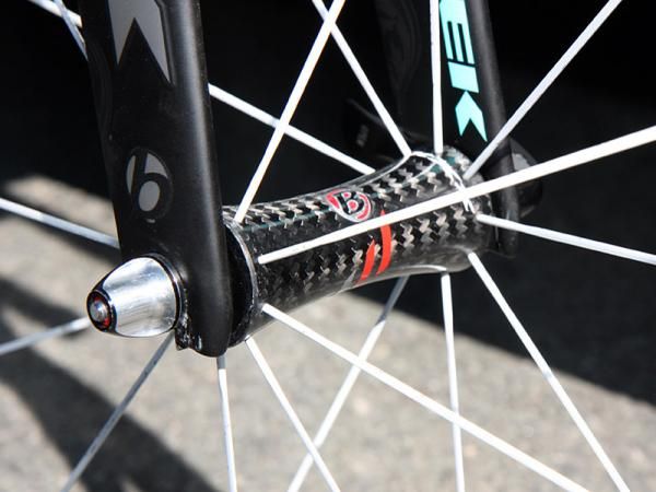 Fabian Cancellara's (Leopard Trek) Bontrager Aeolus 5 front wheel rotates around a carbon fiber hub.
