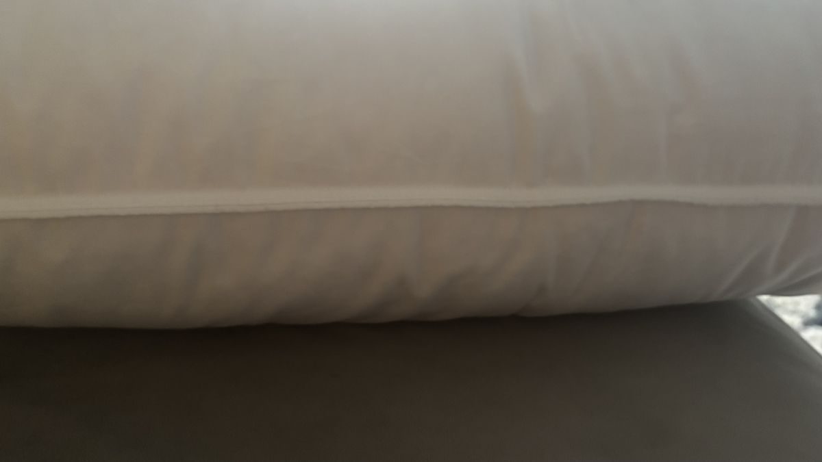 The Birch Organic Pillow resting flat on a grey couch to display its loft.