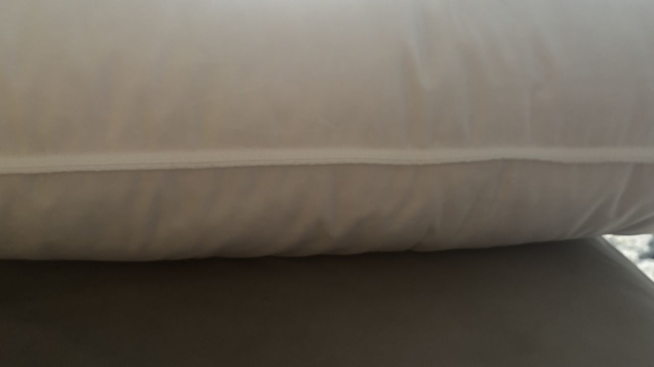 The Birch Organic Pillow resting flat on a grey couch to display its loft.