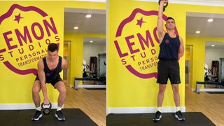 Sam Shaw demonstrates two positions of the kettlebell clean and press