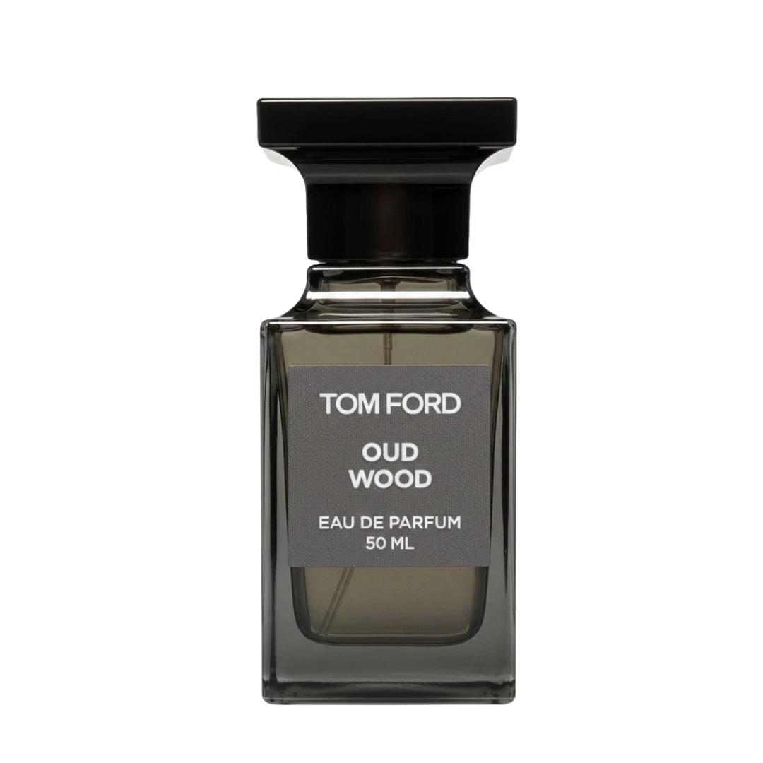 A product shot of the Tom Ford Oud Wood perfume, on a white background