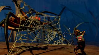 Promotional screenshot of a spider building a web-shield against players in Grounded 2.