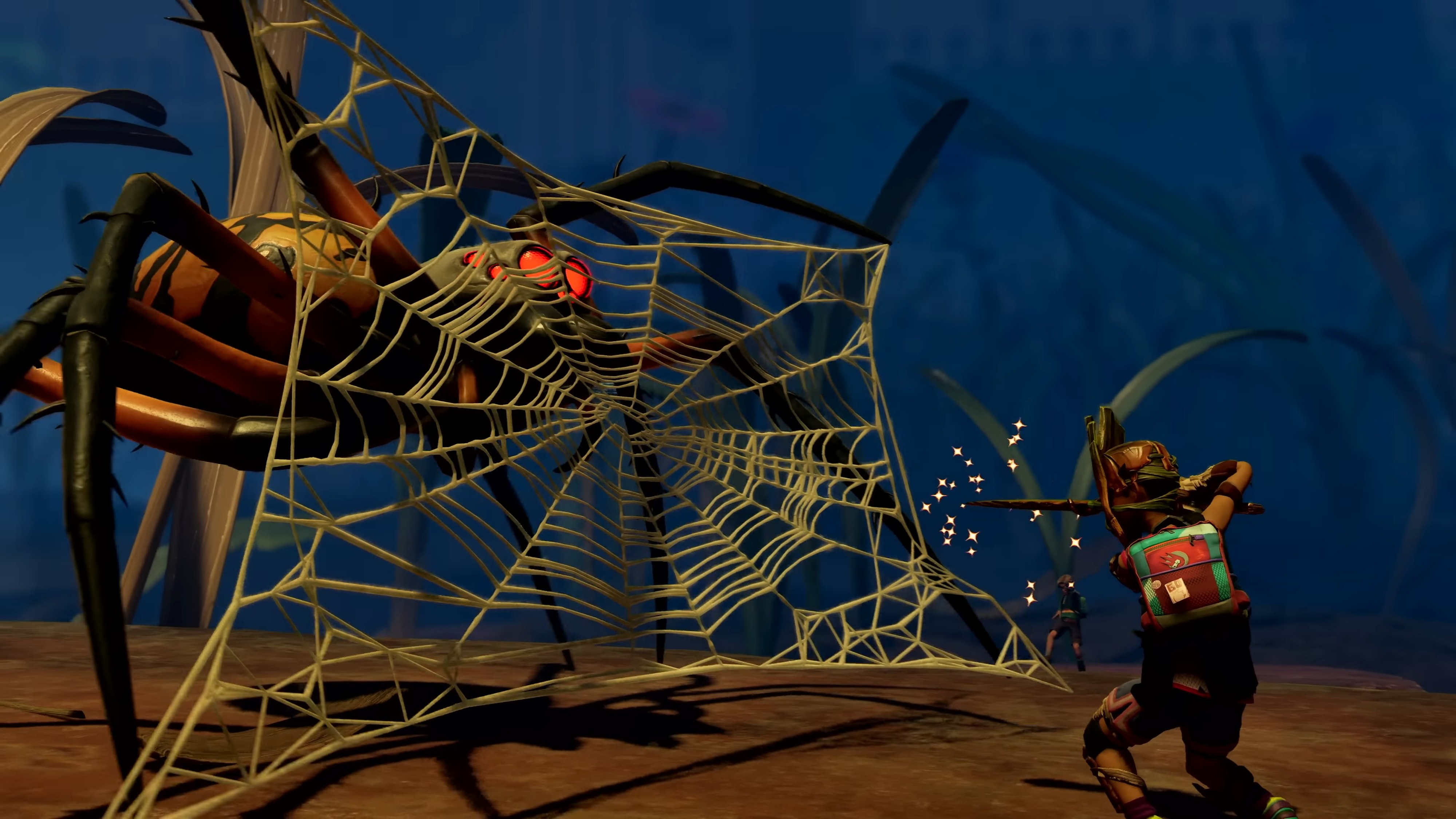 Promotional screenshot of a spider building a web-shield against players in Grounded 2.