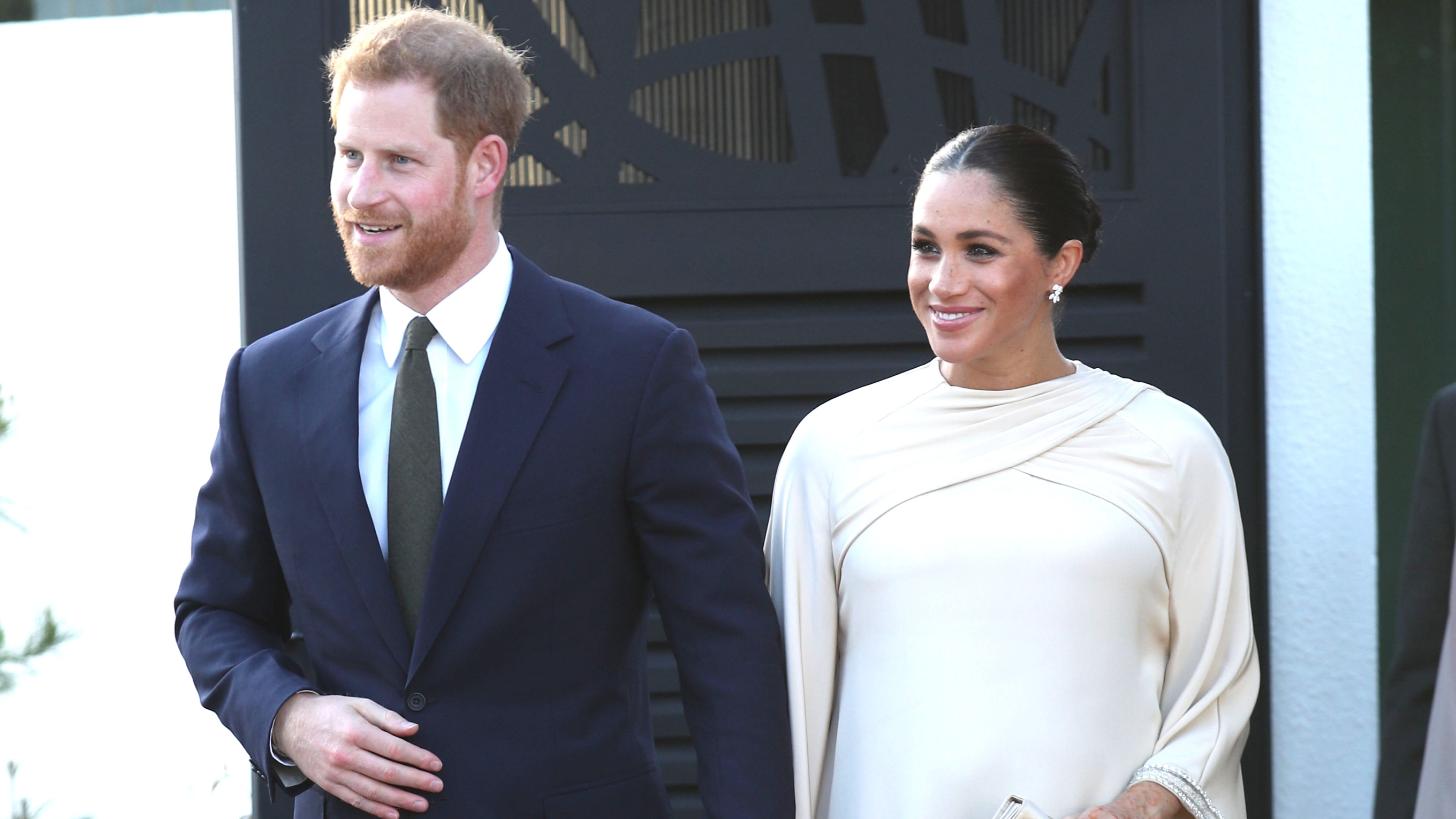 Prince Harry and Meghan, Duchess of Sussex arrive for a reception hosted by the British Ambassador to Morocco at the British Residence during the second day of their tour of Morocco on February 24, 2019