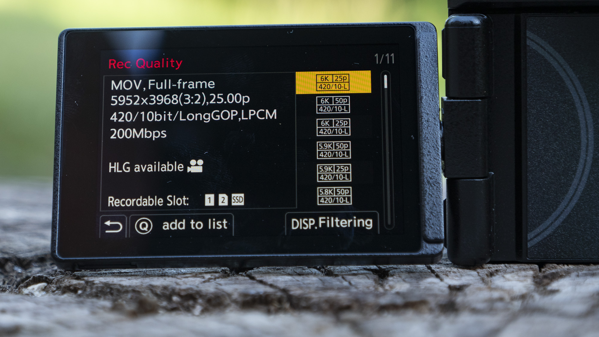 LCD display of the Panasonic Lumix S1 II mirrorless camera displaying video modes