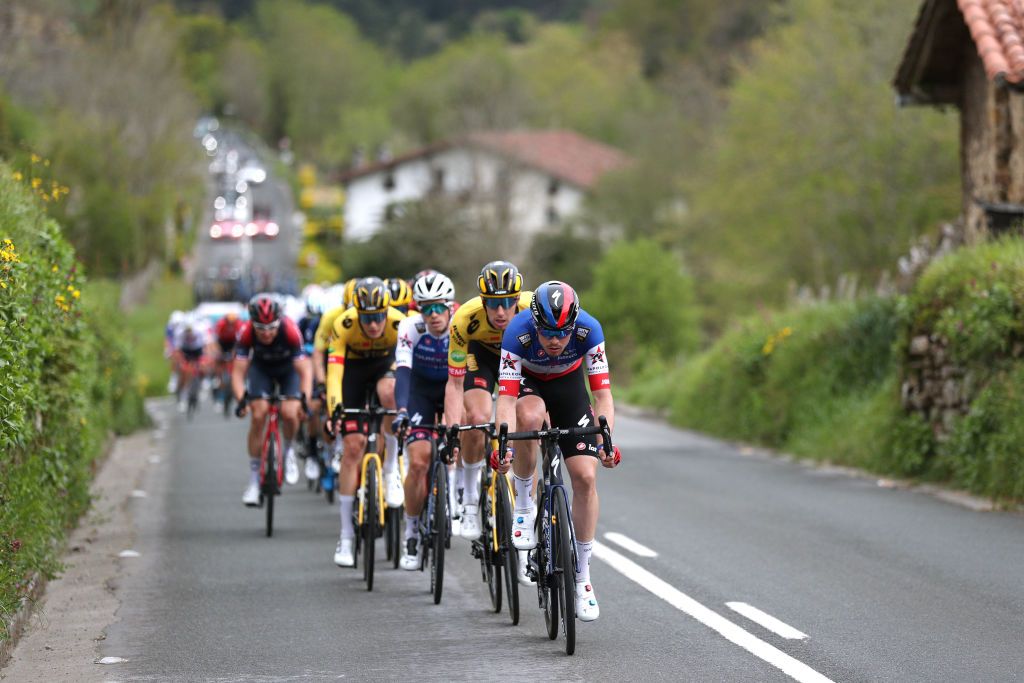 MALLABIA SPAIN APRIL 08 Rmi Cavagna of France and Team QuickStep Alpha Vinyl leads the peloton during the 61st Itzulia Basque Country 2022 Stage 5 a 1638km stage from Zamudio to Mallabia 305m itzulia WorldTour on April 08 2022 in Mallabia Spain Photo by Gonzalo Arroyo MorenoGetty Images