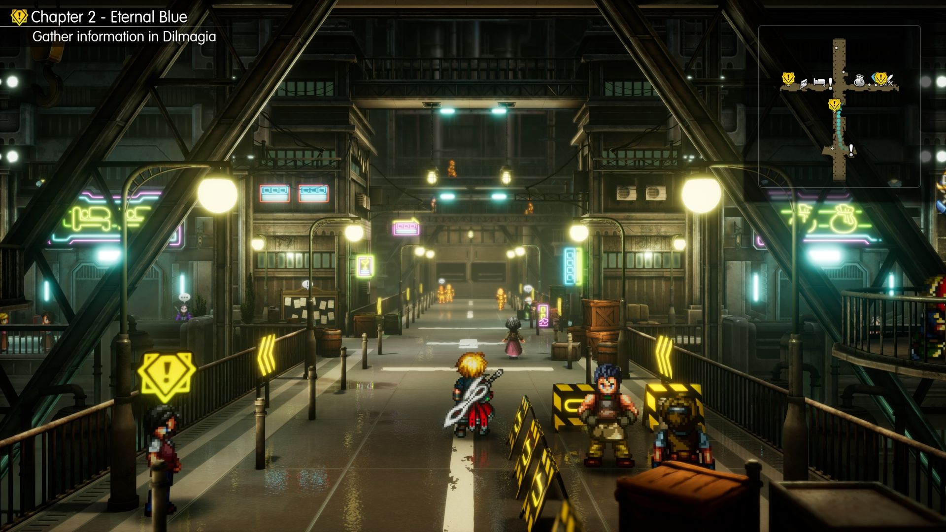 A party of armed adventurers explores a dim industrial street glowing with neon signs and lamps; a quest marker and minimap frame the tense cyberpunk scene.
