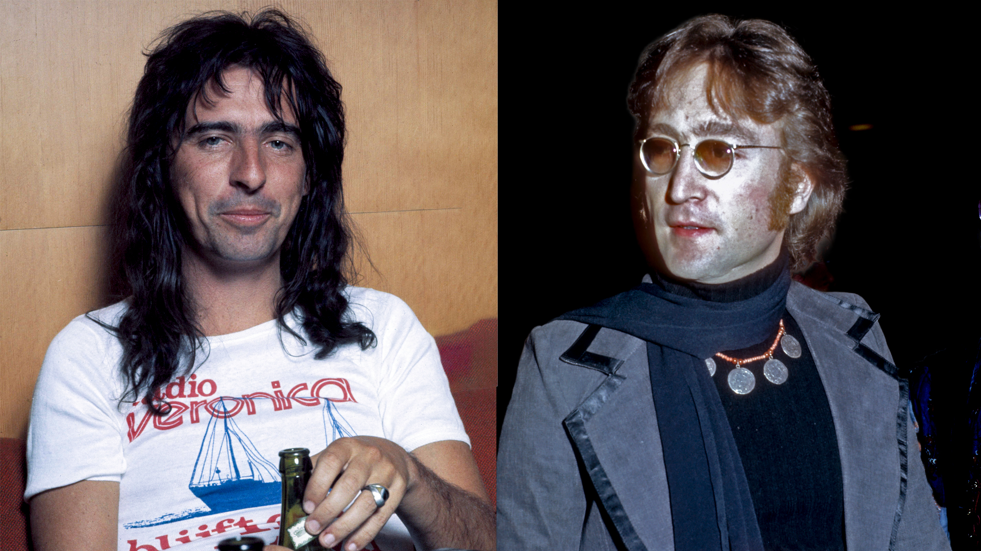 LEFT: Alice Cooper, Mar-74, Copenhagen, Denmark. RIGHT: John Lennon of the rock and roll band "The Beatles" during his "Lost Weekend" period in 1974 in Los Angeles, California. 