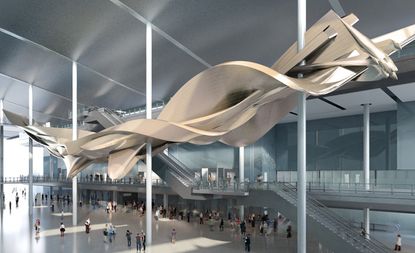 Aluminium-coated structure depicting a slipstream, suspended above passengers in an airport terminal