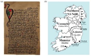 An image (A) of a 19th-century facsimile of the first page of the Cogadh Gaedhel re Gallaibh and the main kingdoms (B) of Ireland around A.D. 900 with large Viking towns.