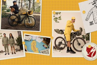 This image shows FJÄLLRÄVEN X Specialized collection items modelled in smaller photographs on a yellow background