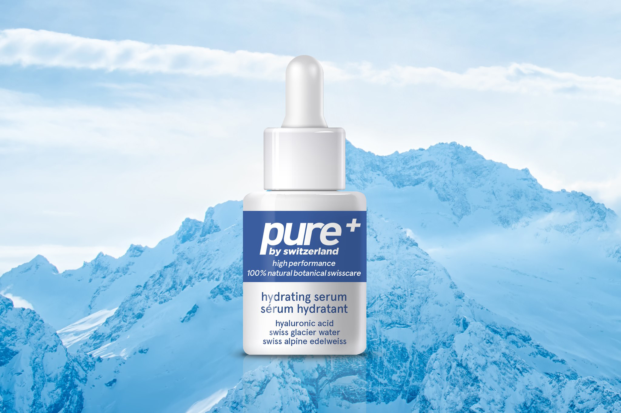 Pure+ serum displayed on backdrop of Swiss Alps