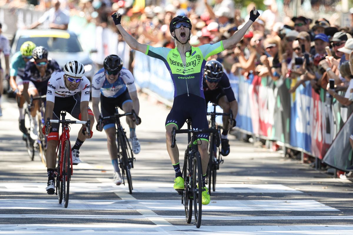 Sam Crome celebrates winning the final stage of the Herald Sun Tour