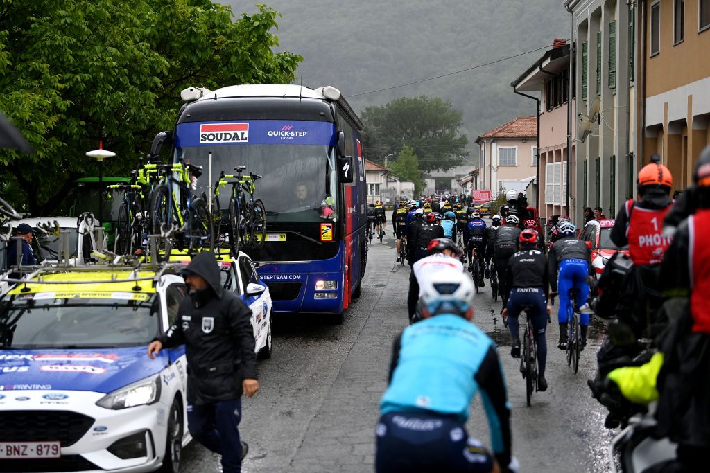 CRANSMONTANA SWITZERLAND MAY 19 Team Soudal Quick Step bus and cars on their way to the new start localisation during the 106th Giro dItalia 2023 Stage 13 a 75km stage from Le Chable to CransMontana Valais 1456m Stage shortened due to the adverse weather conditions UCIWT on May 19 2023 in CransMontana Switzerland Photo by Tim de WaeleGetty Images