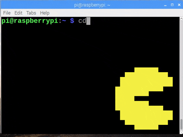 A gif showing a console and commands being written alongside a Pac-Man logo