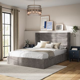 Grey velvet Luella Ottoman bed frame in neutral bedroom