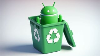 Android mascot placed inside of a recycling bin.