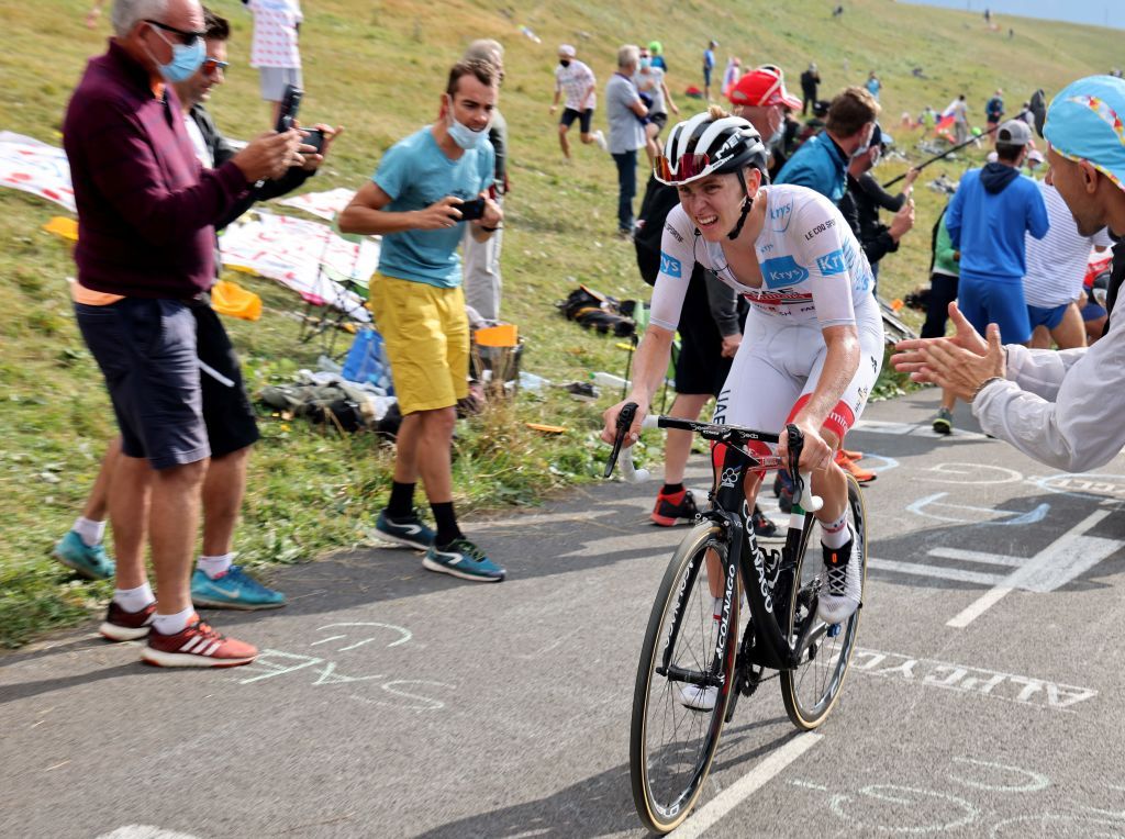 Team UAE Emirates rider Slovenias Tadej Pogacar wearing the best youngs white jersey rides during the 17th stage of the 107th edition of the Tour de France cycling race 170 km between Grenoble and Meribel on September 16 2020 Photo by Kenzo Tribouillard AFP Photo by KENZO TRIBOUILLARDAFP via Getty Images