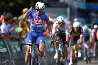 AALTER BELGIUM AUGUST 31 Jasper Philipsen of Belgium and Team Alpecin Deceuninck celebrates at finish line as stage winner during the 20th Renewi Tour 2024 Stage 4 a 1785km stage from Oostburg to Aalter UCIWT on August 31 2024 in Aalter Belgium Photo by Luc ClaessenGetty Images