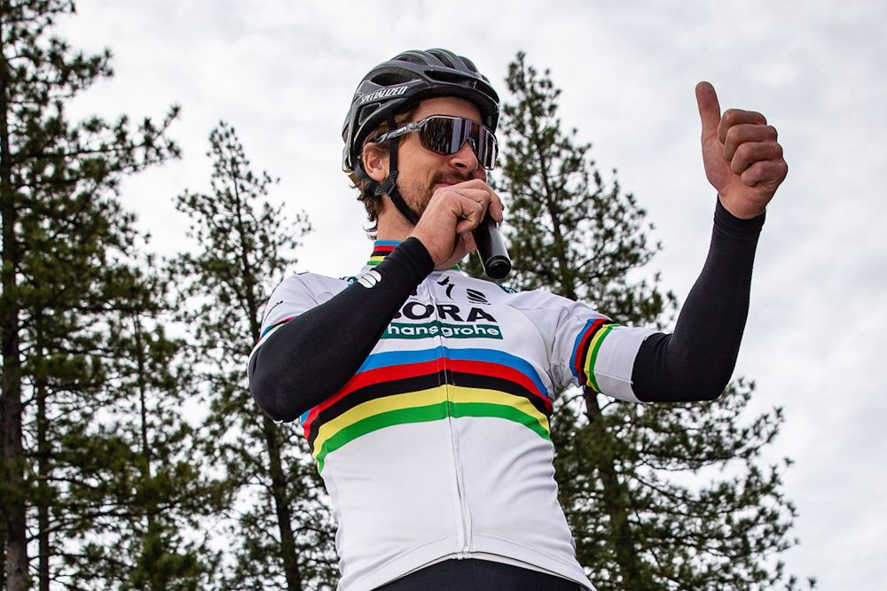 Peter Sagan talks to riders before the start of the Sagan Fondo on May 5, 2018 in Truckee, California